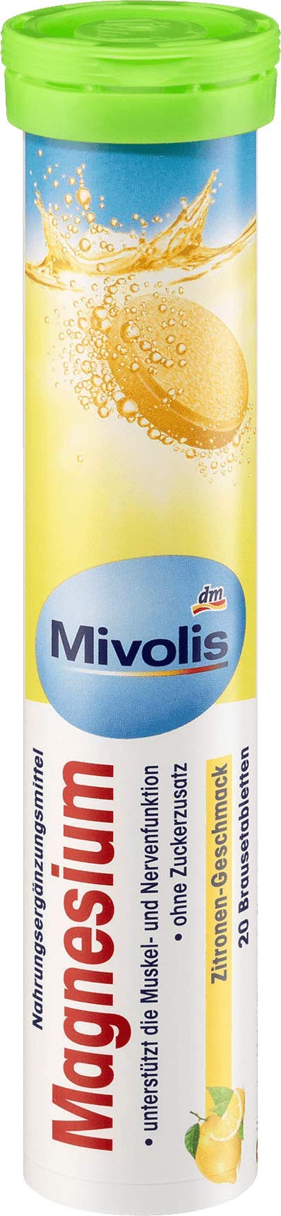 Mivolis magnesium effervescent tablets label view emphasizing ingredients and lemon taste.