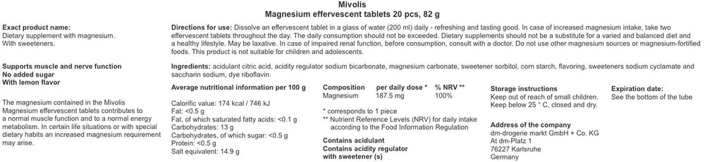 Mivolis magnesium label highlights sugar-free, vegan and gluten-free features.