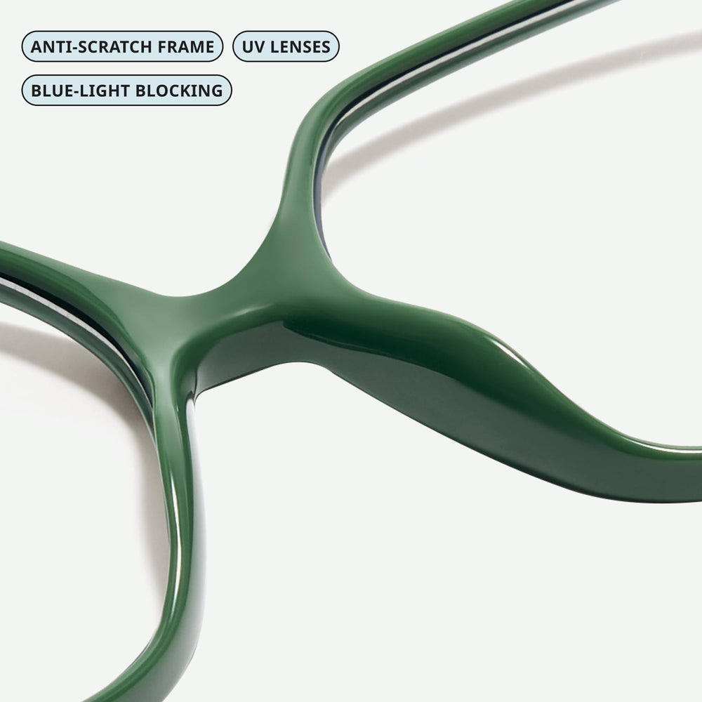 Miyya retro-style blue light glasses, comfortable fit for long workdays.