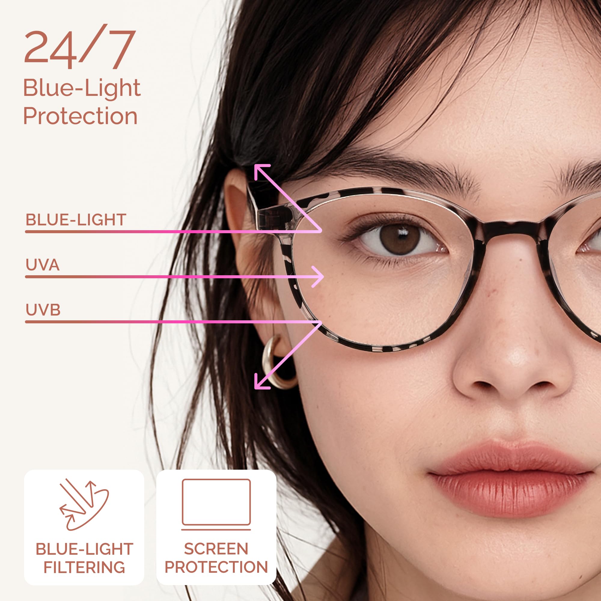 Miyya women's blue light glasses, round frames, stylish daily accessory.