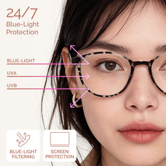 Miyya women's blue light glasses, round frames, stylish daily accessory.