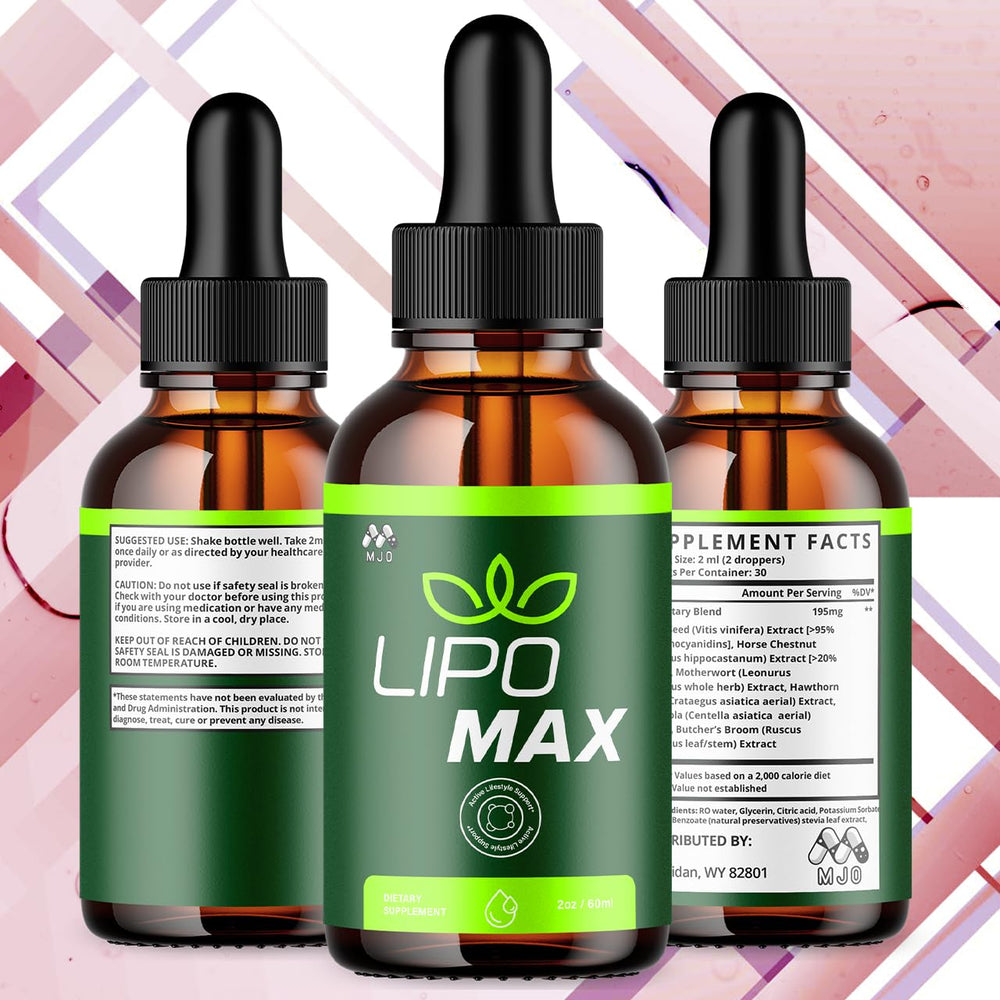 MJO Lipomax Drops bottle pour showing precise dropper for convenient dosing.
