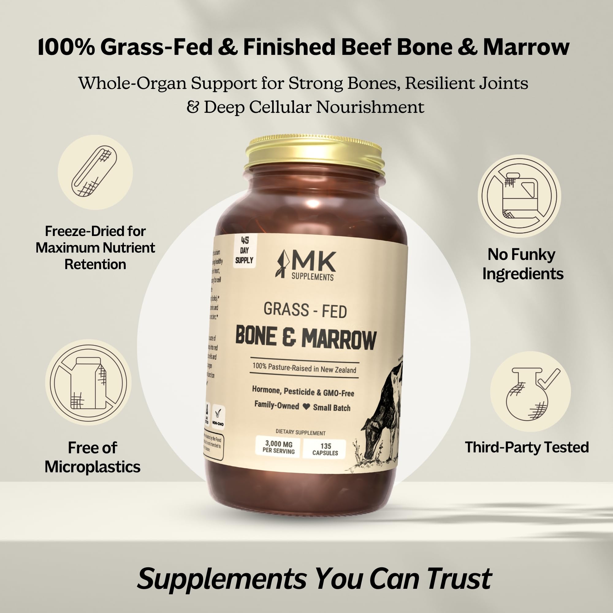 MK Supplements desiccated long bones texture close-up, freeze-dried material visible.