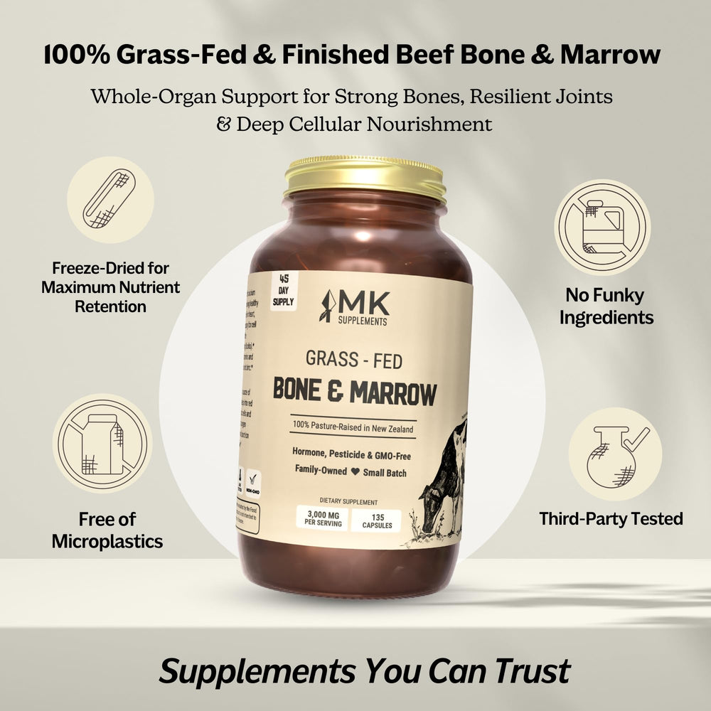 MK Supplements desiccated long bones texture close-up, freeze-dried material visible.
