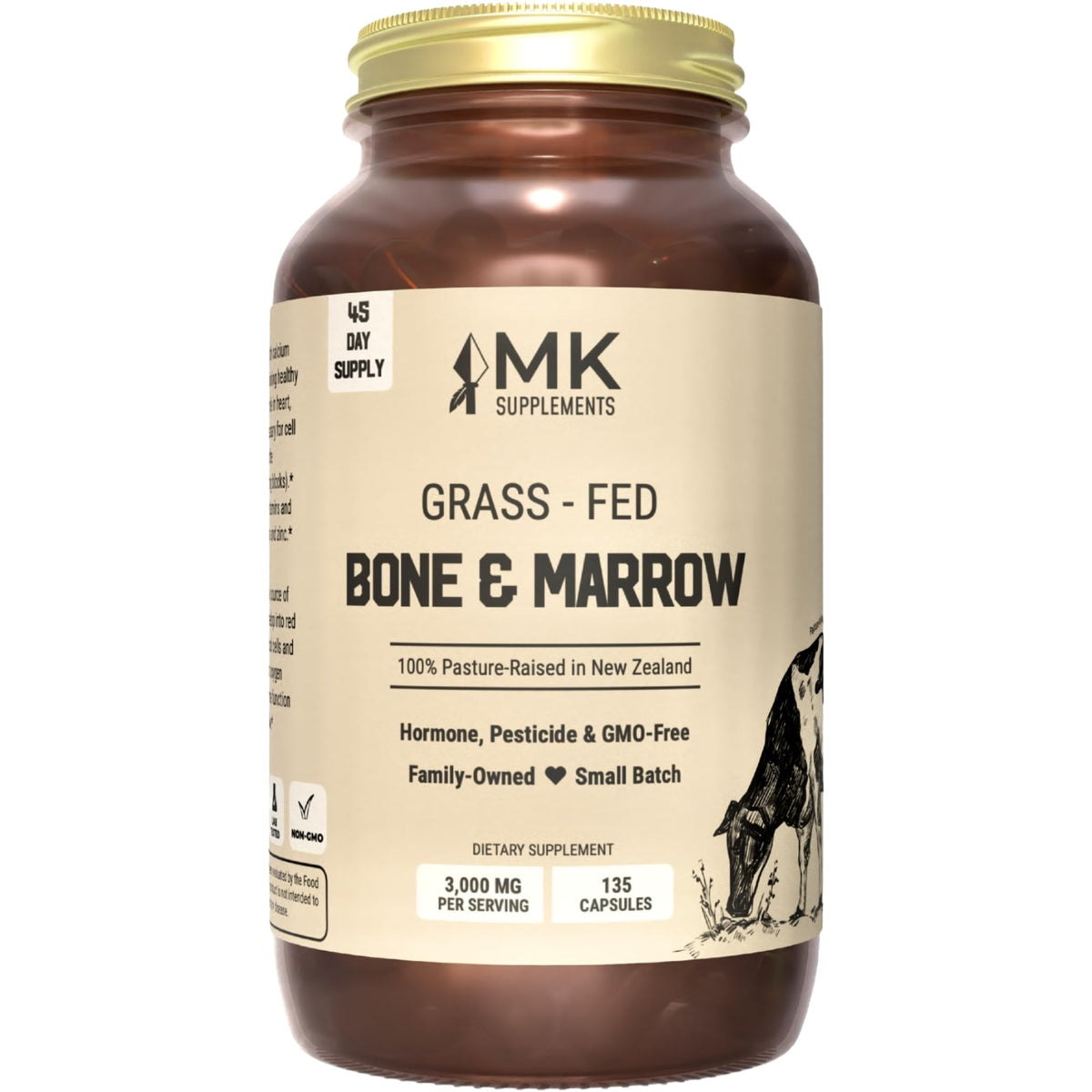 MK Supplements grass-fed bone and marrow bottle on white surface, suggesting joint-support routine.