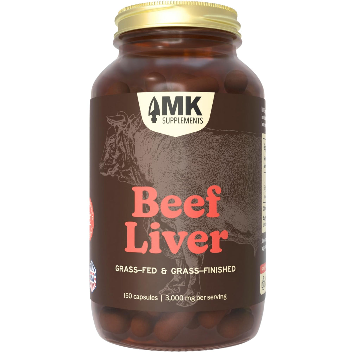MK Supplements Grass-Fed Beef Liver capsule bottle front, signaling energy support and full-body wellness.