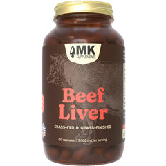 MK Supplements Grass-Fed Beef Liver capsule bottle front, signaling energy support and full-body wellness.