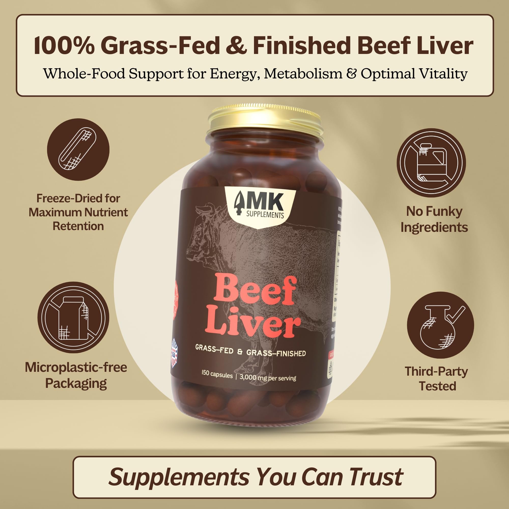 MK Supplements Grass-fed liver bottle label detail highlights USA manufacturing quality.