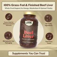 MK Supplements Grass-fed liver bottle label detail highlights USA manufacturing quality.
