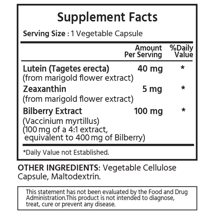 ML Naturals capsules showing lutein zeaxanthin bilberry for convenient use.