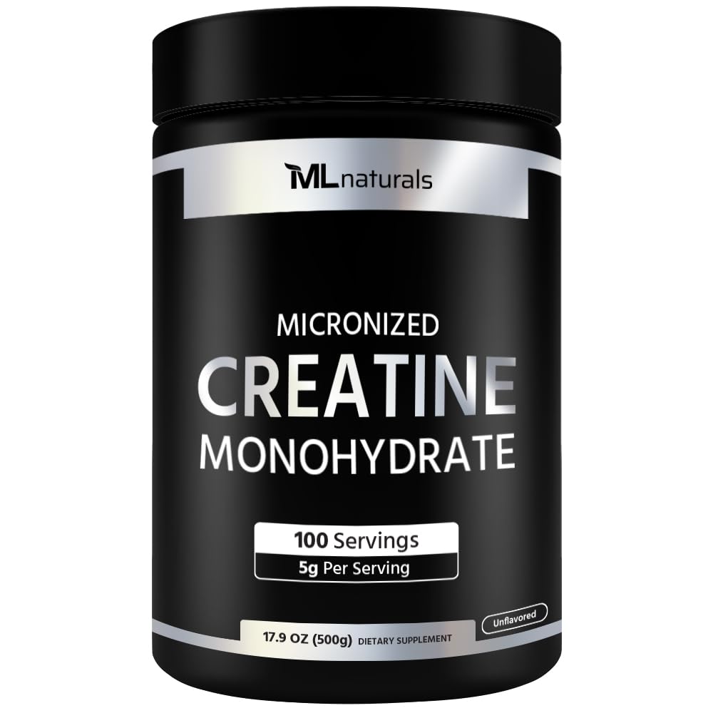 ML Naturals creatine micronized 200-mesh powder ready for smooth shakes.