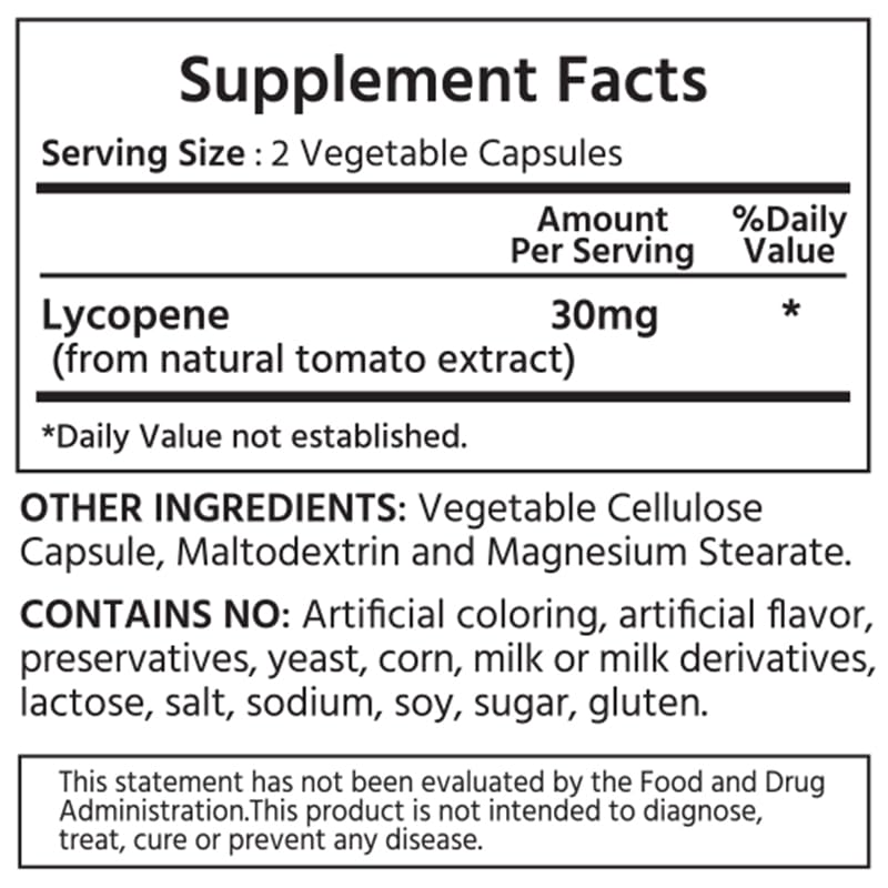 Close-up of ML Naturals Lycopene label showing 30 mg dosage for clarity