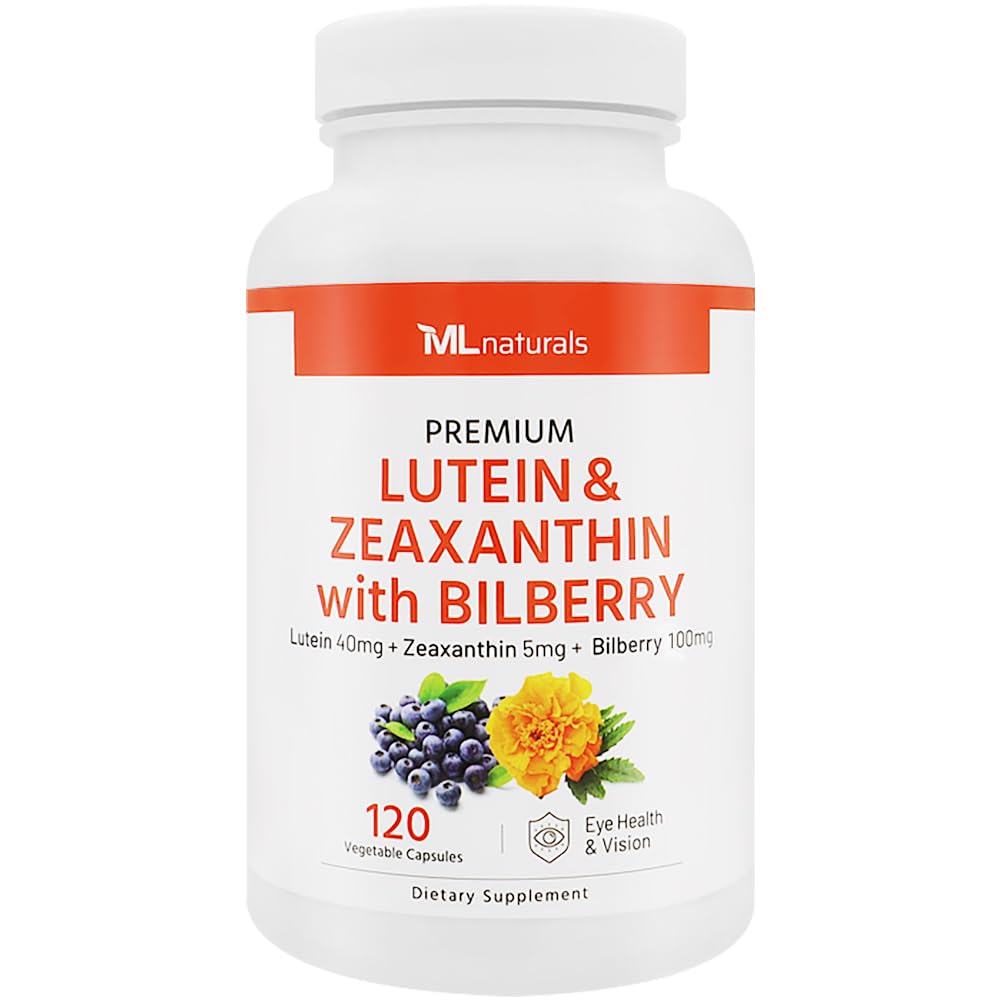 ML Naturals premium lutein-zeaxanthin-bilberry bottle for daily eye support.
