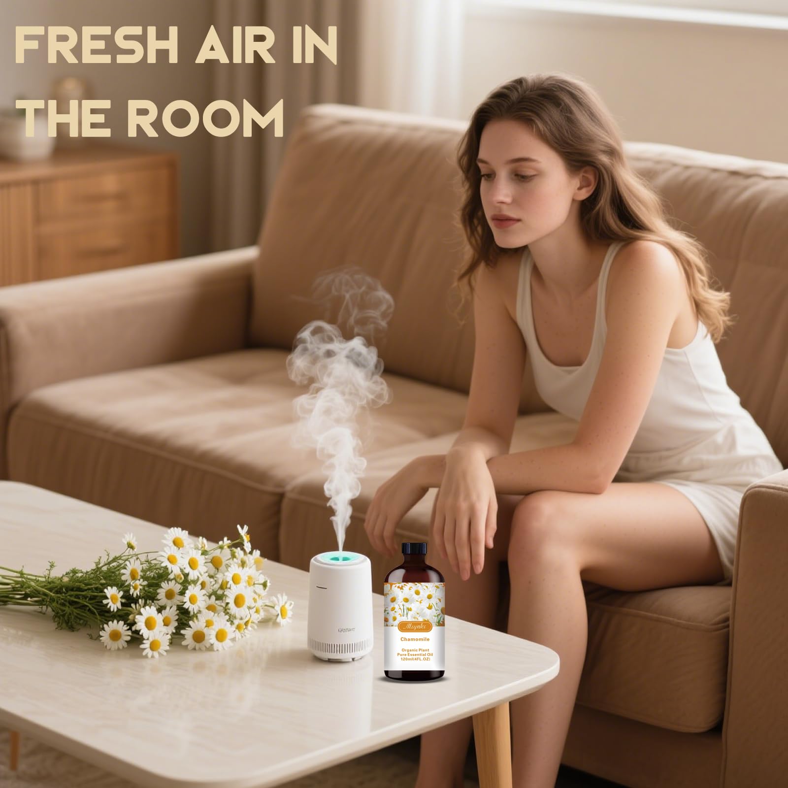 Mlynkl Chamomile essential oil diffuser setup for soothing ambience.
