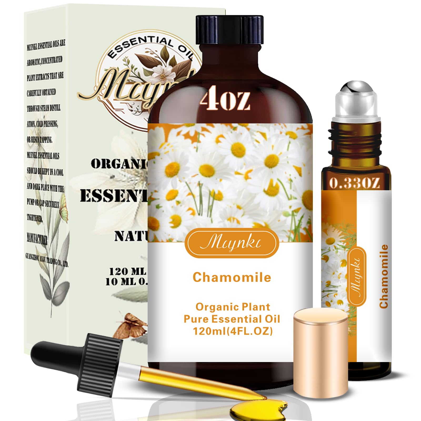 Mlynkl Chamomile essential oil bottle pour for diffusers and calming routines.