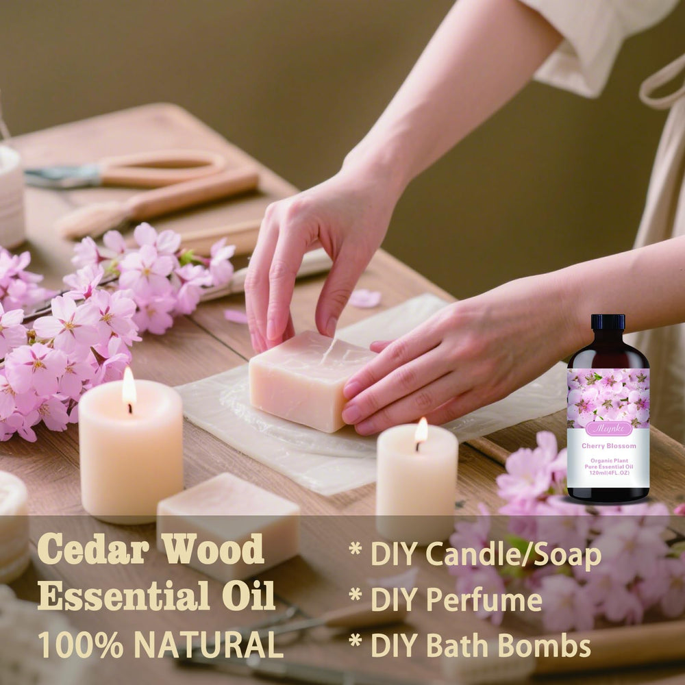 Mlynkl Cherry Blossom essential oil used in candles for subtle scent.