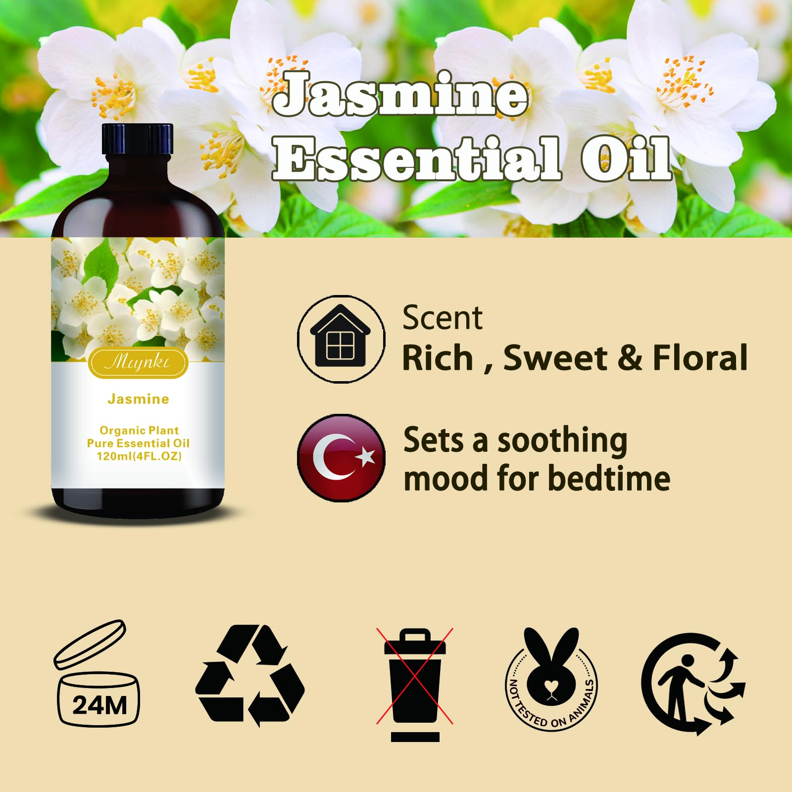 Mlynkl Jasmine Essential Oil label closeup highlights high-quality ingredients.