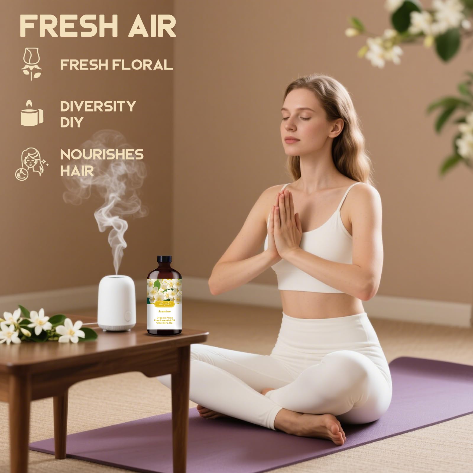Mlynkl Jasmine Essential Oil spa massage use showcases a relaxing aromatic touch.