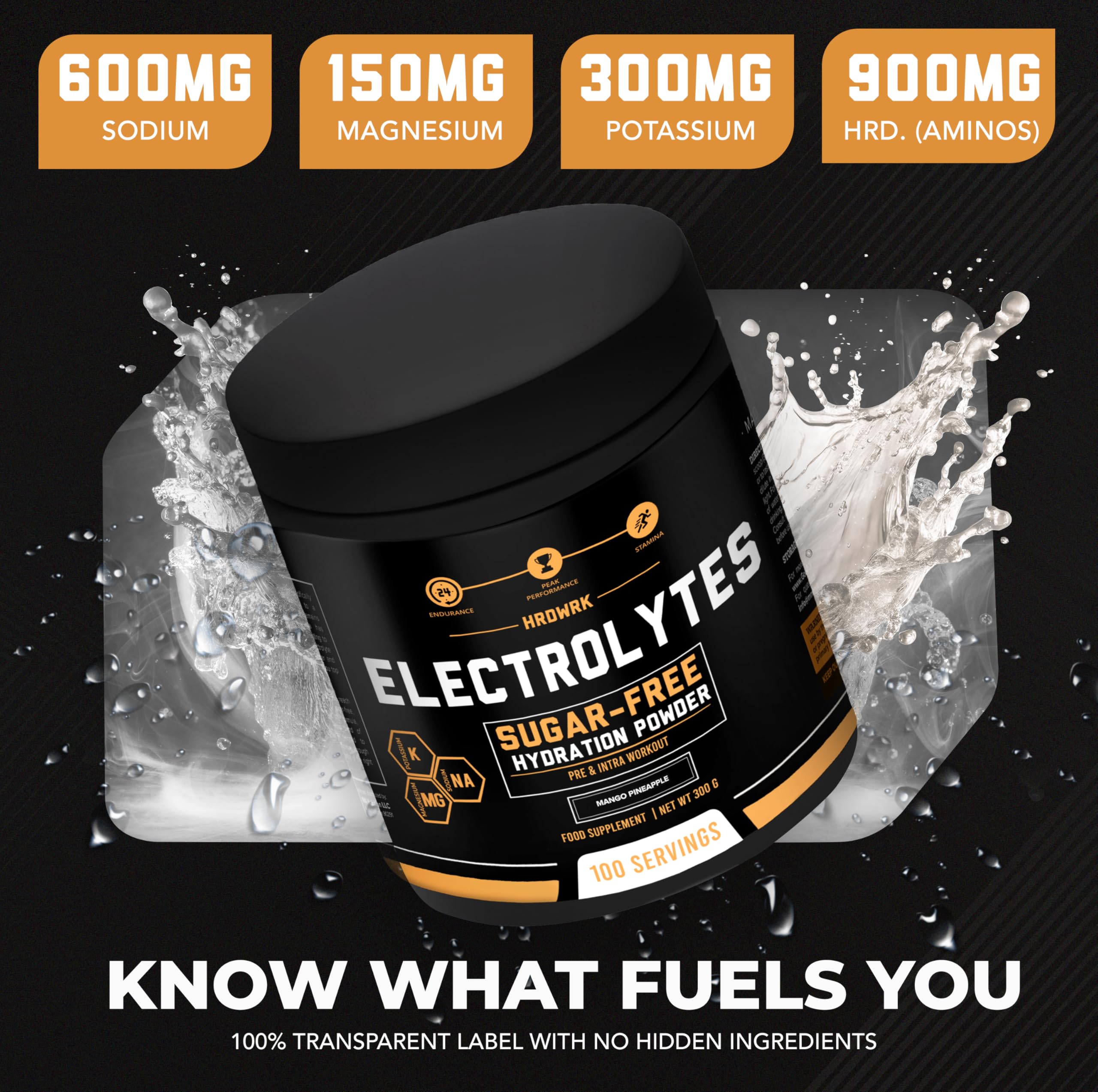 HRDWRK electrolytes in a glass of water showing quick hydration.
