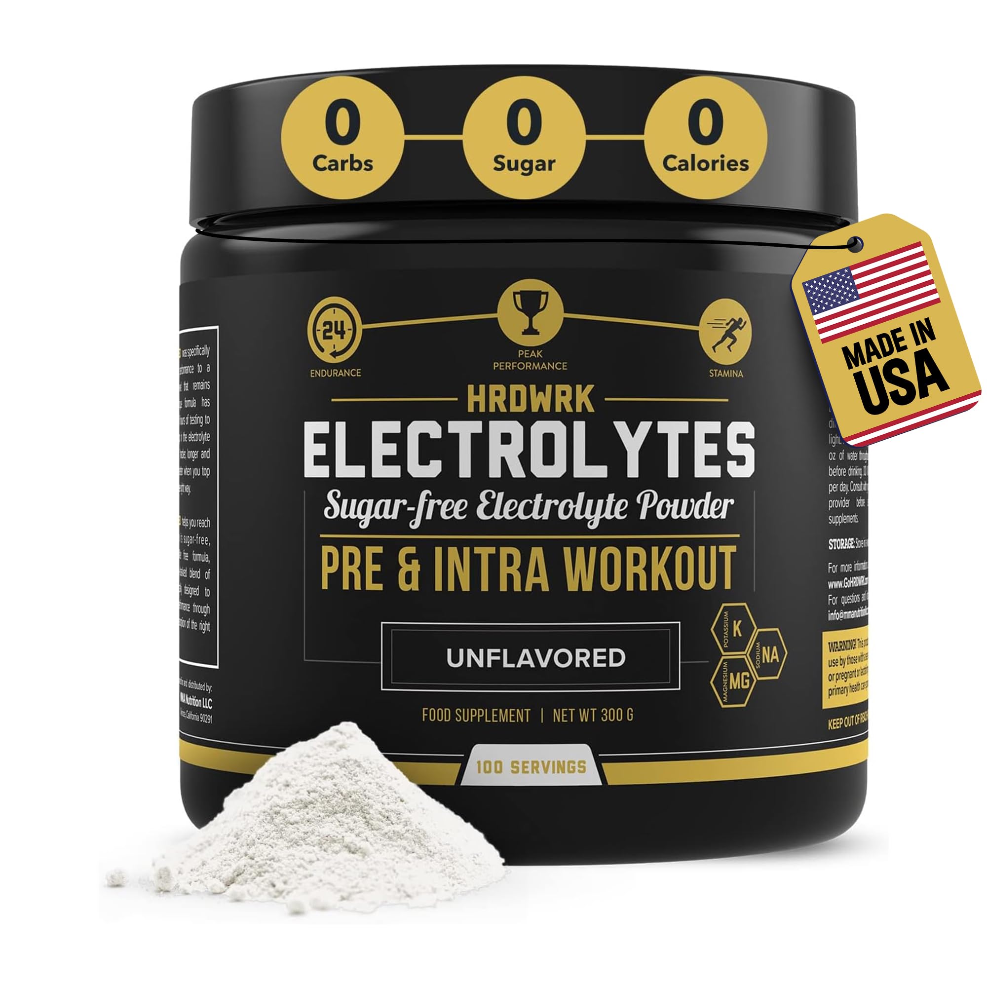 MMA Nutrition HRDWRK tub front shows sugar-free electrolyte powder for keto hydration.