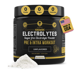 MMA Nutrition HRDWRK tub front shows sugar-free electrolyte powder for keto hydration.