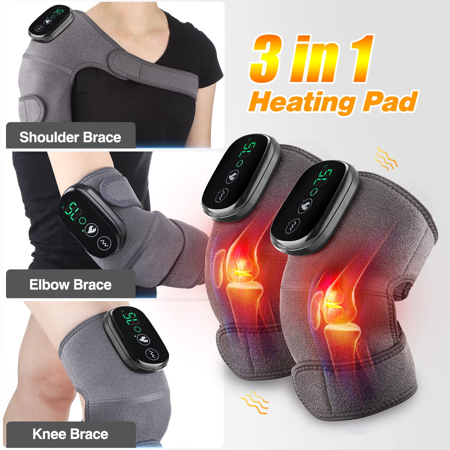 MOAJAZA heated massager with adjustable straps for versatile use on knee, shoulder, or elbow.