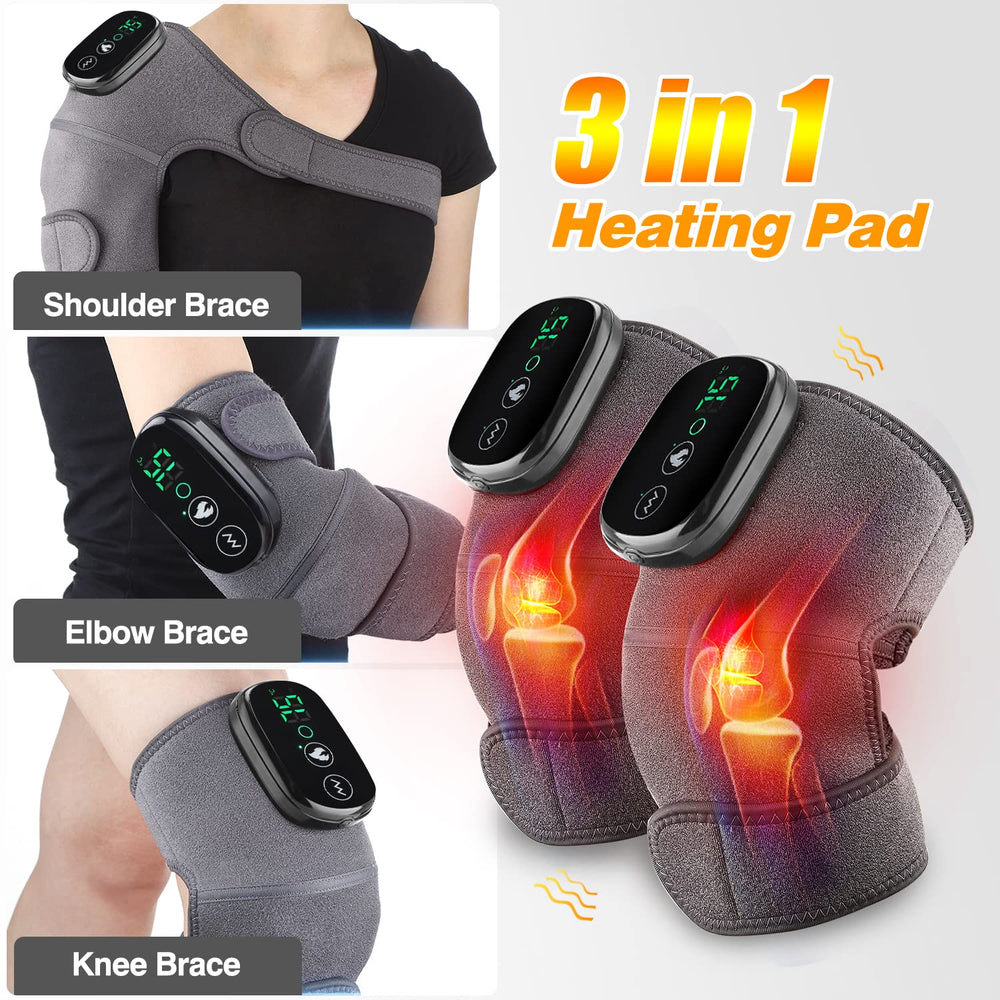 MOAJAZA heated massager with adjustable straps for versatile use on knee, shoulder, or elbow.