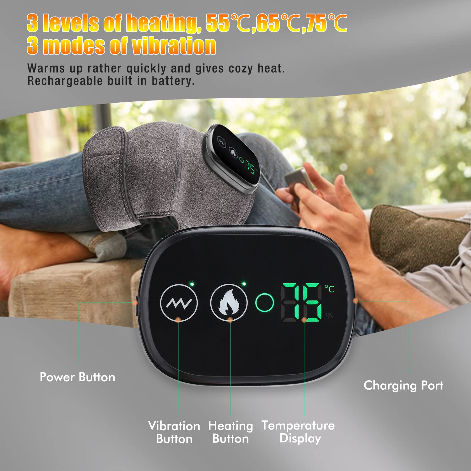 MOAJAZA knee massager showing three heating levels for personalized warmth.