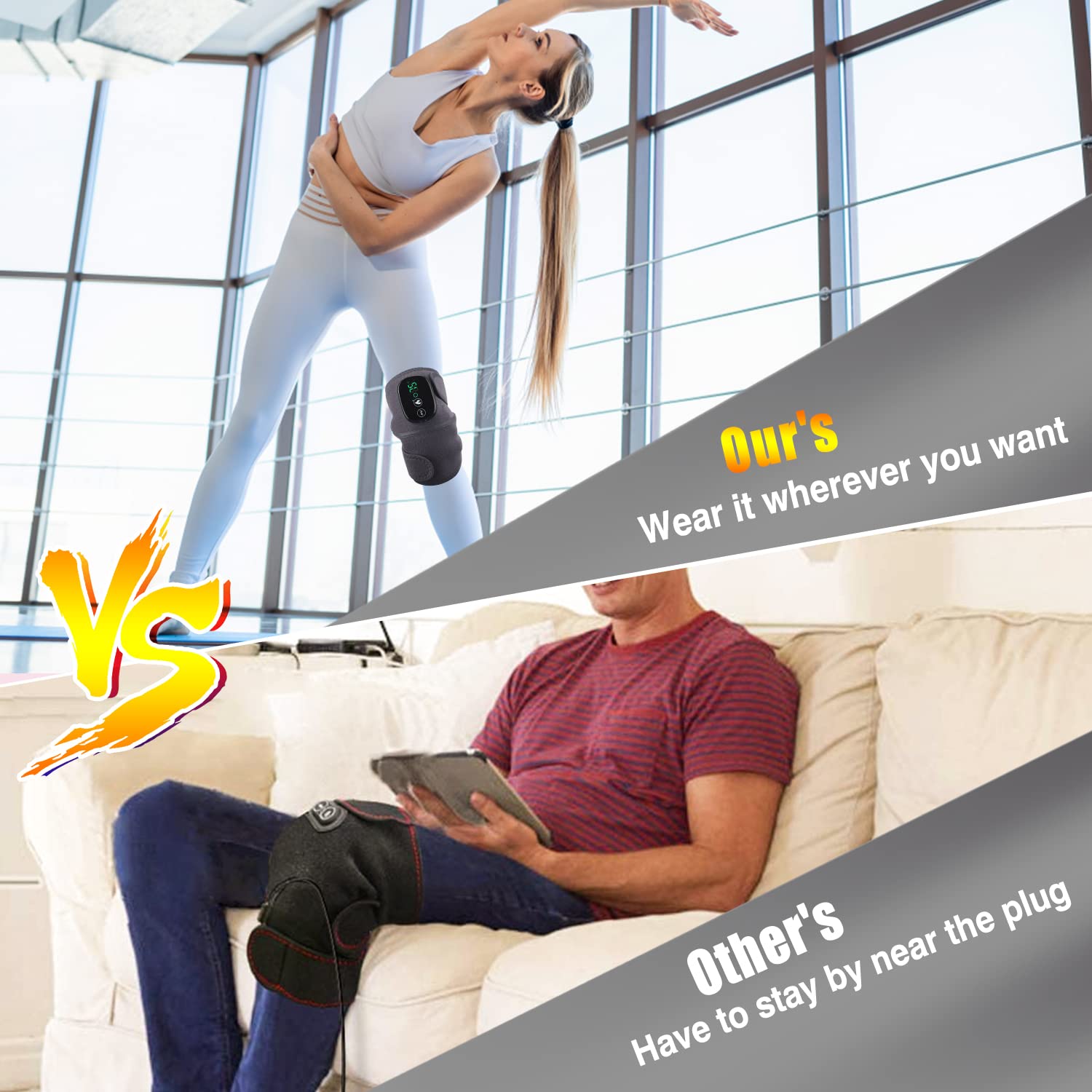 MOAJAZA knee massager wrap provides heat and vibration for joint comfort.