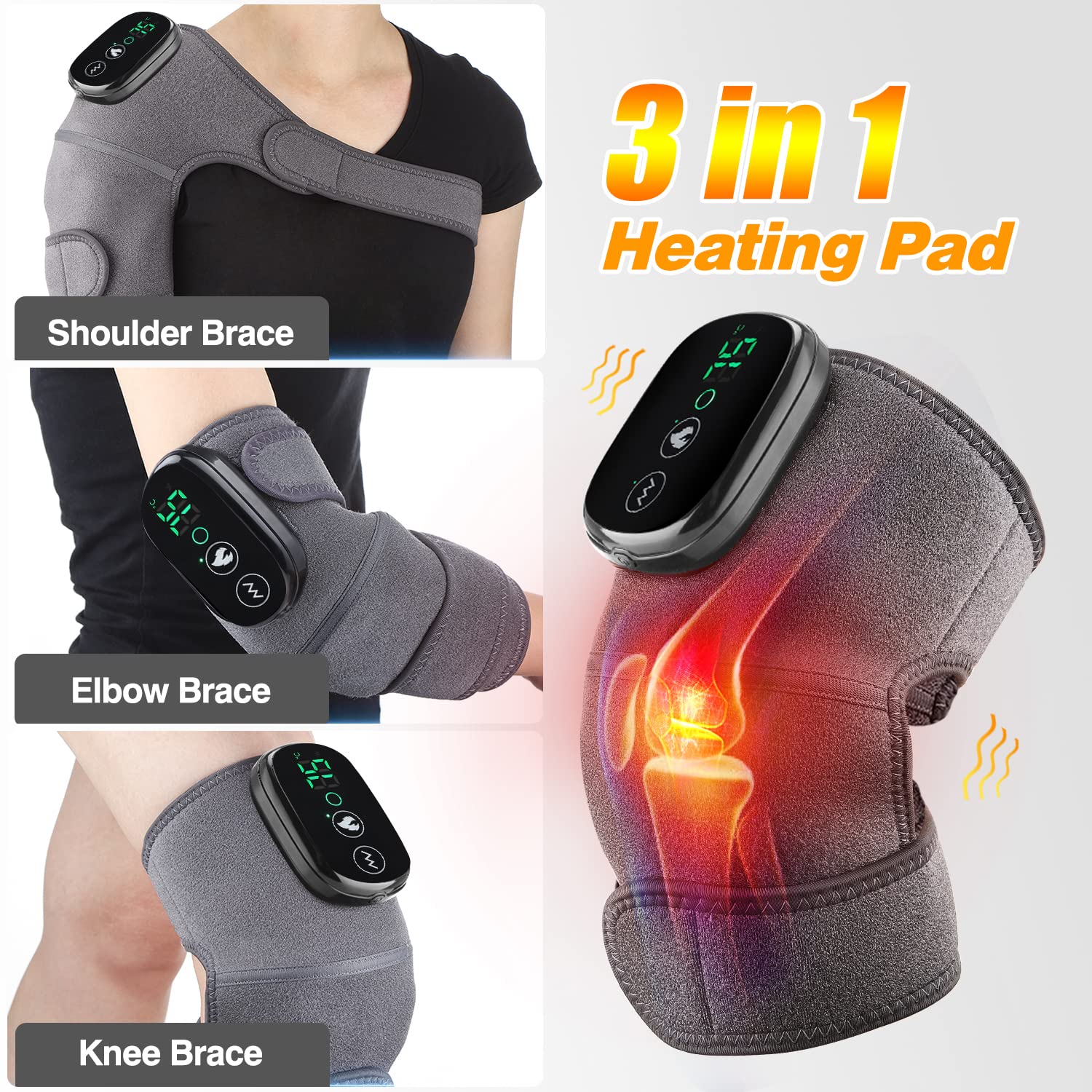MOAJAZA wireless heated massage pad worn on knee during daily activities.
