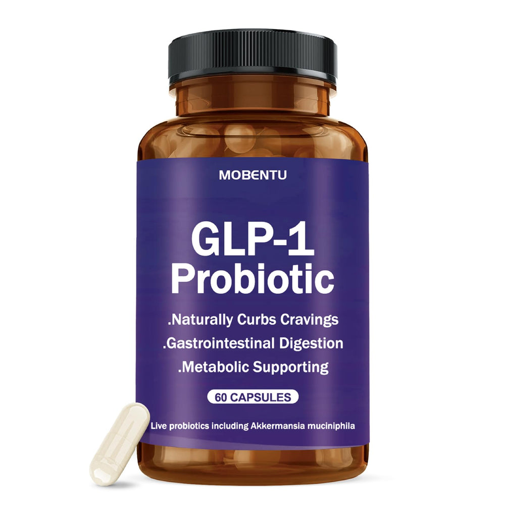 MOBENTU GLP-1 probiotic bottle with capsules supporting gut balance