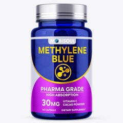 MOBISOUL Methylene Blue capsules close-up highlighting 30 mg potency for daily use.