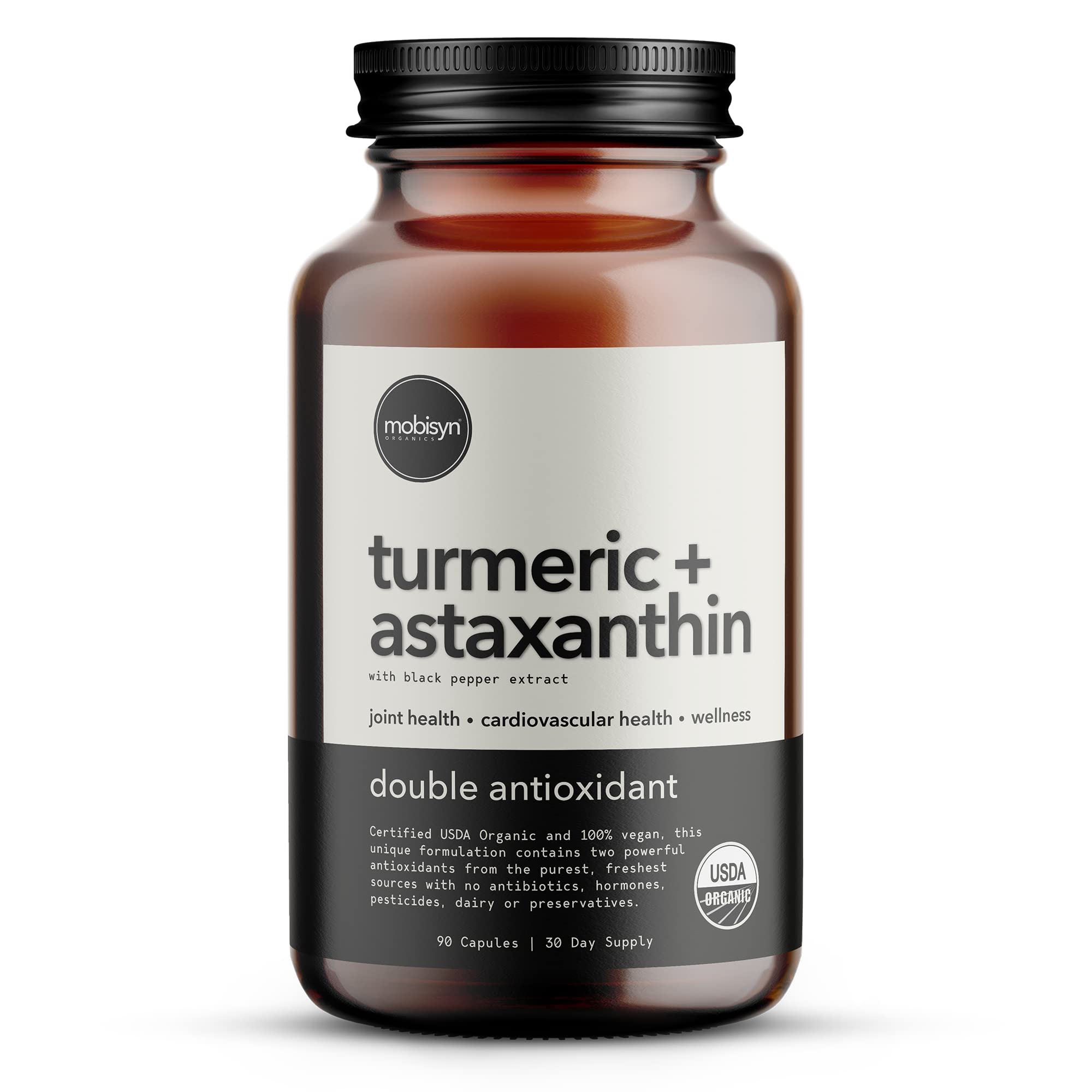 Mobisyn Organic Astaxanthin and Turmeric bottle supports daily antioxidant routine.