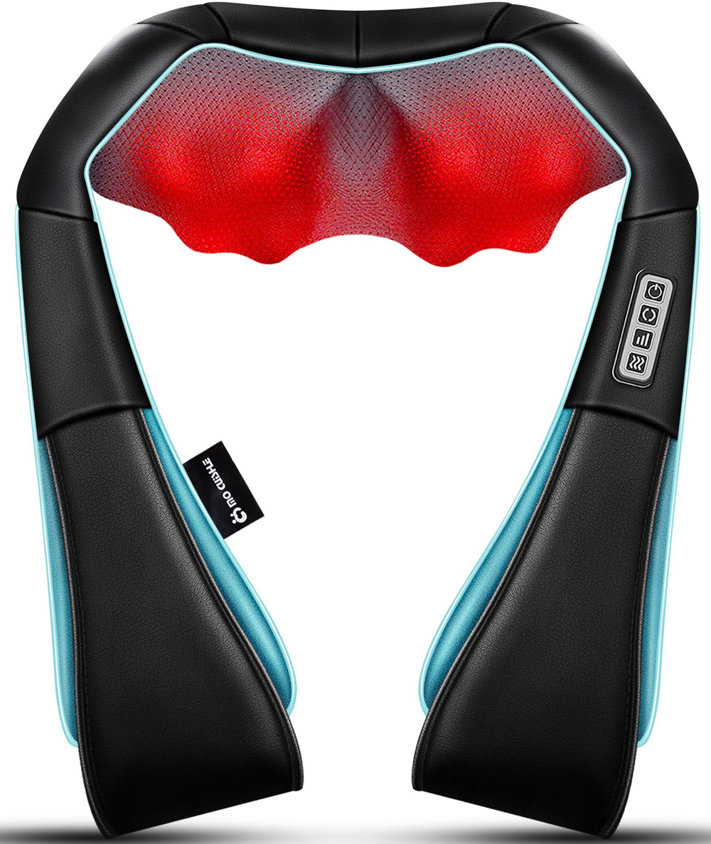 Mo Cuishle neck and back massager in use with heat for relaxed shoulders.