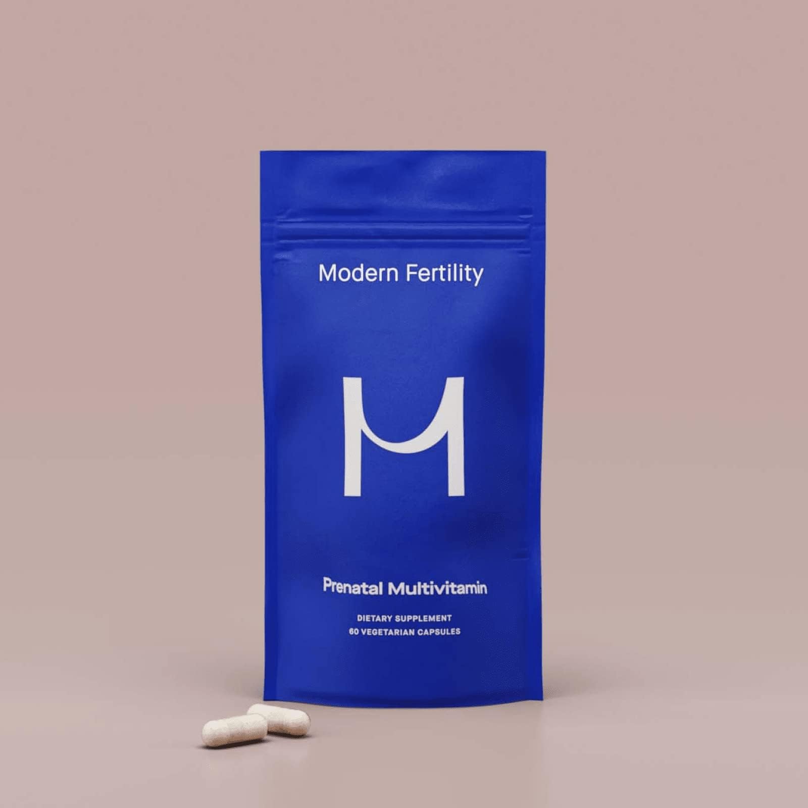 Modern Fertility Prenatal Multivitamin product shot emphasizing gluten-free and additive-free ingredients