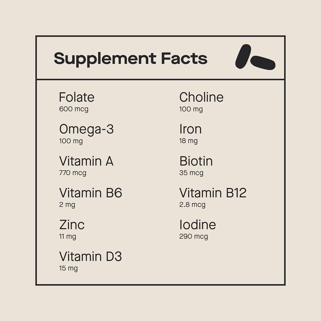 Modern Fertility Prenatal Multivitamin nutrition label back view highlighting key nutrients
