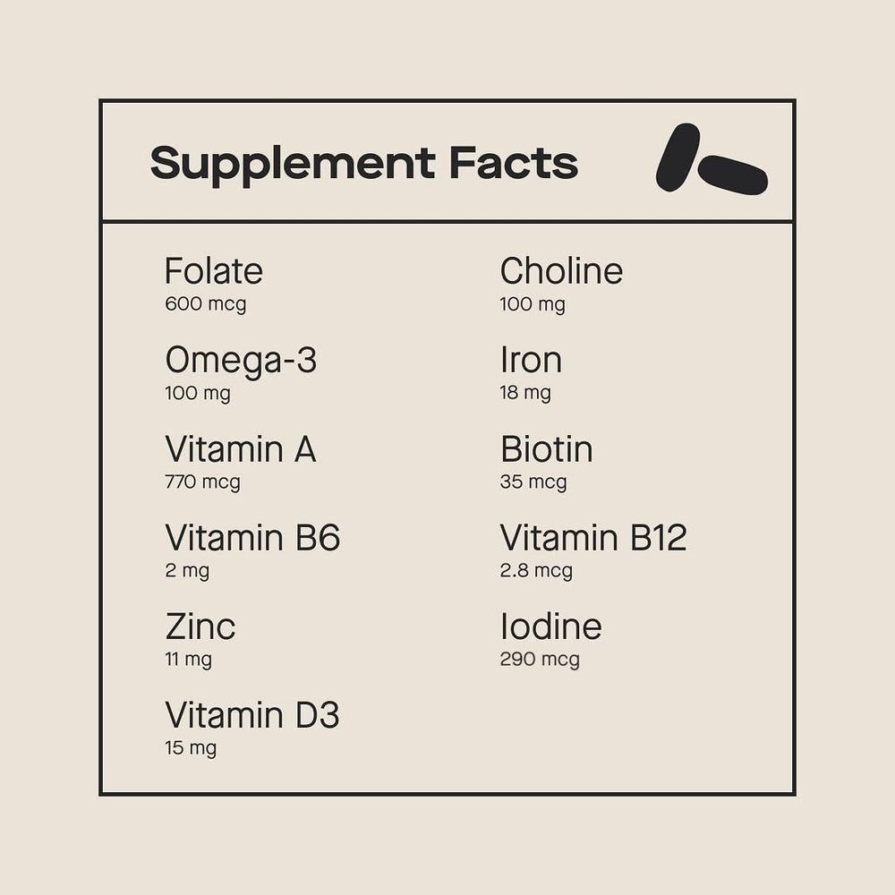 Modern Fertility Prenatal Multivitamin nutrition label back view highlighting key nutrients