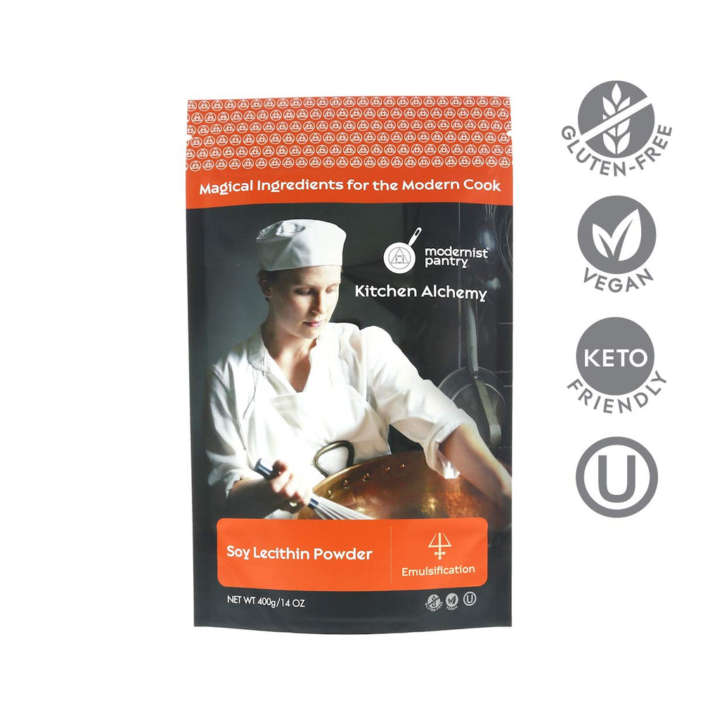 Modernist Pantry Soy Lecithin Powder scoop enables precise dosing for emulsions.