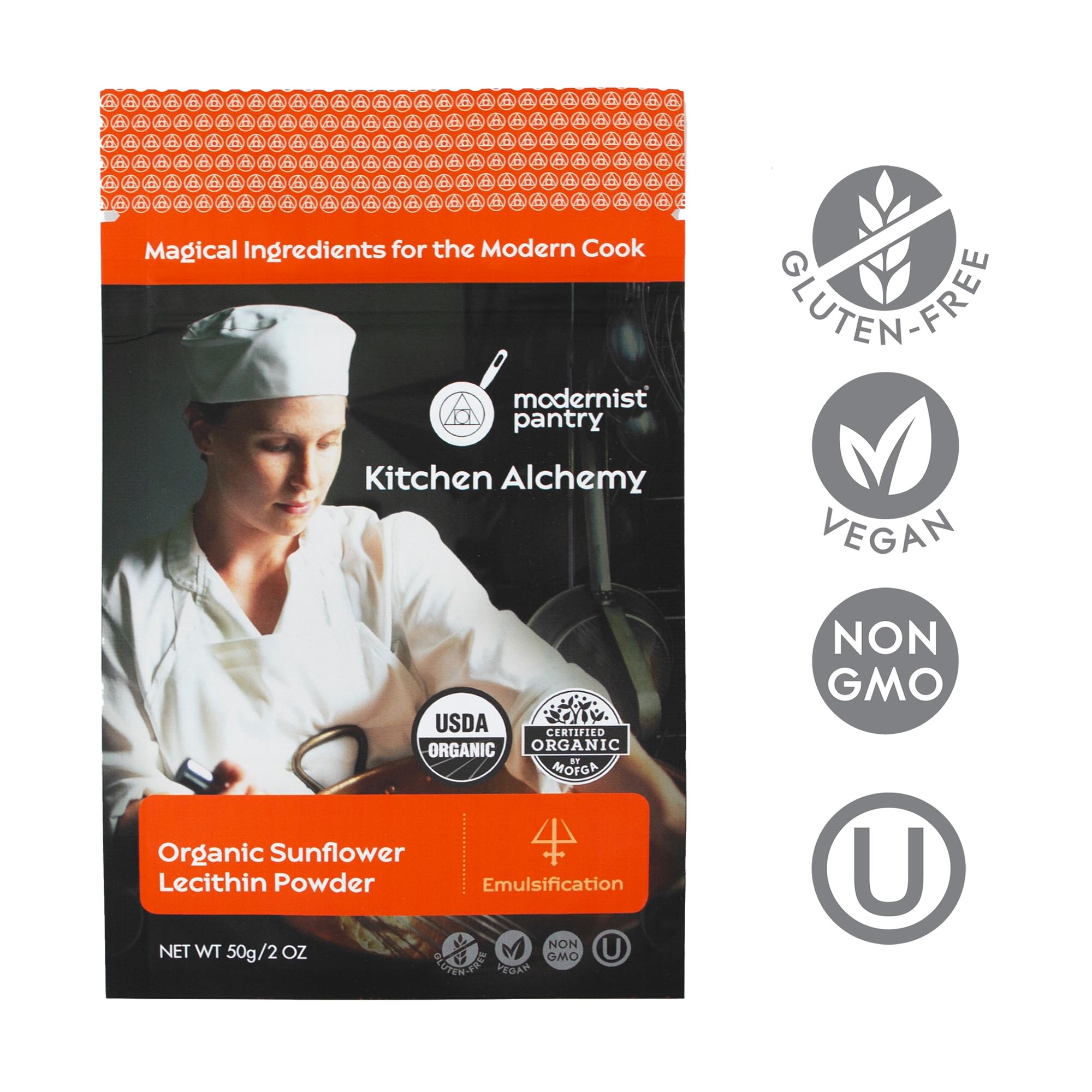 Modernist Pantry Organic Sunflower Lecithin Powder bottle with kosher label for reliable emulsification in dressings