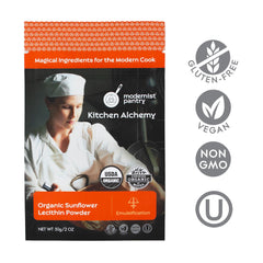 Modernist Pantry Organic Sunflower Lecithin Powder bottle with kosher label for reliable emulsification in dressings
