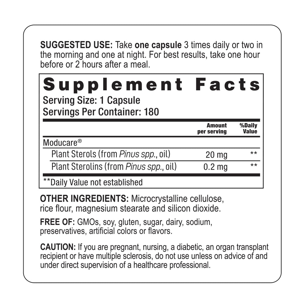 Moducare Patented 100:1 ratio label highlights unique plant sterol blend