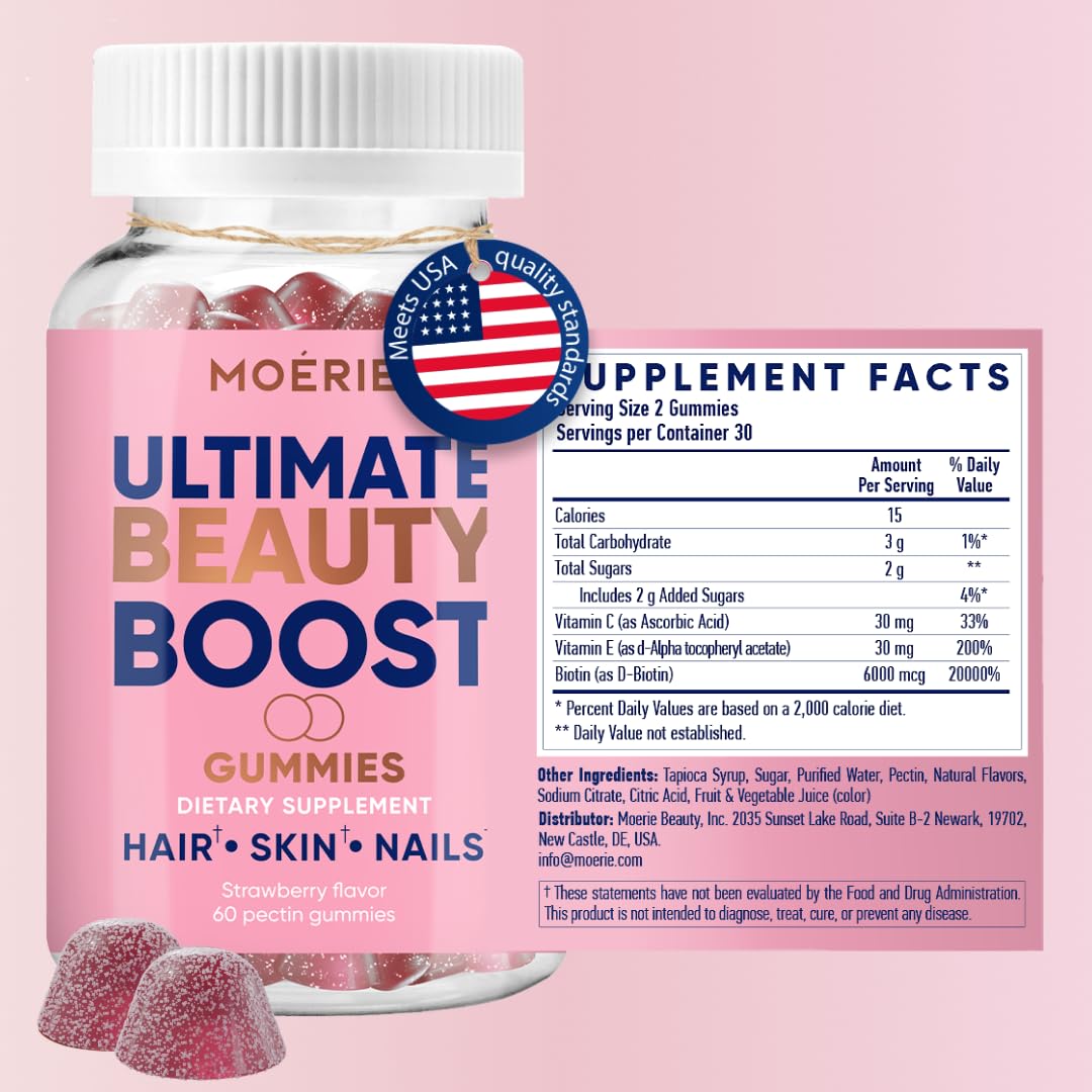 Moerie gummies closeup, showing chewy texture and biotin-rich benefits.