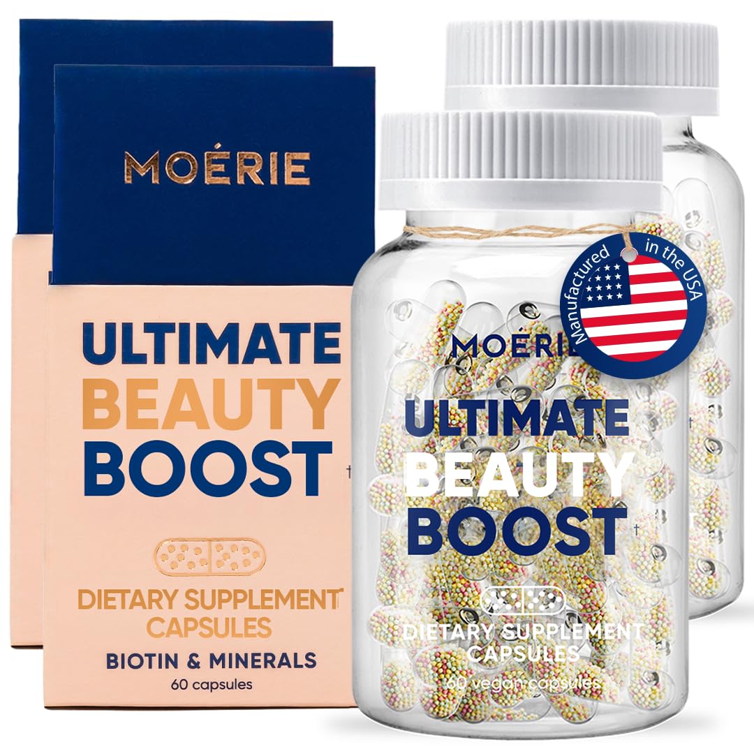 Moerie Hair Growth Supplement bottle, showcasing clean label vitamins for stronger hair support.