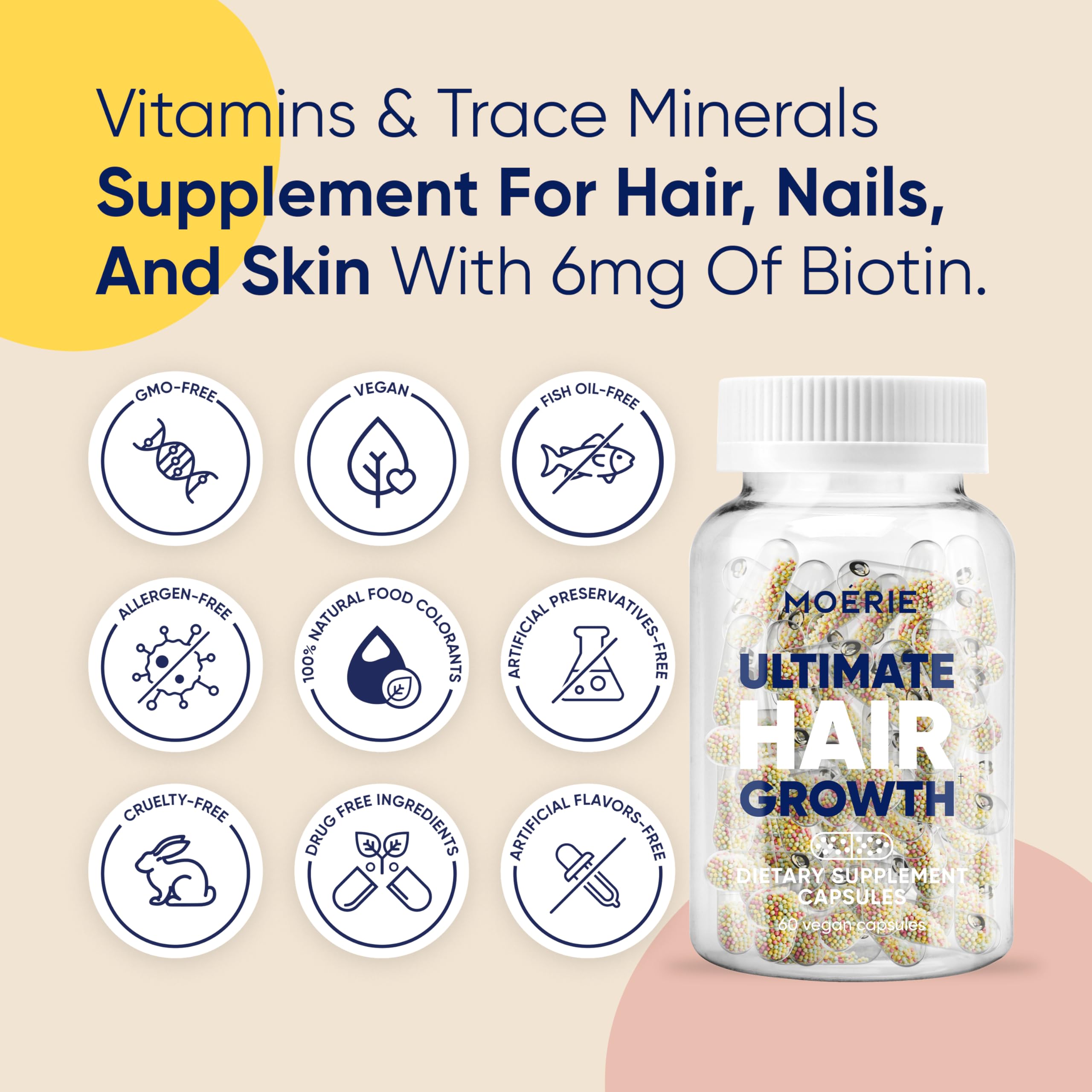 Moerie hair growth supplement capsules closeup highlighting beadlet technology for better absorption.