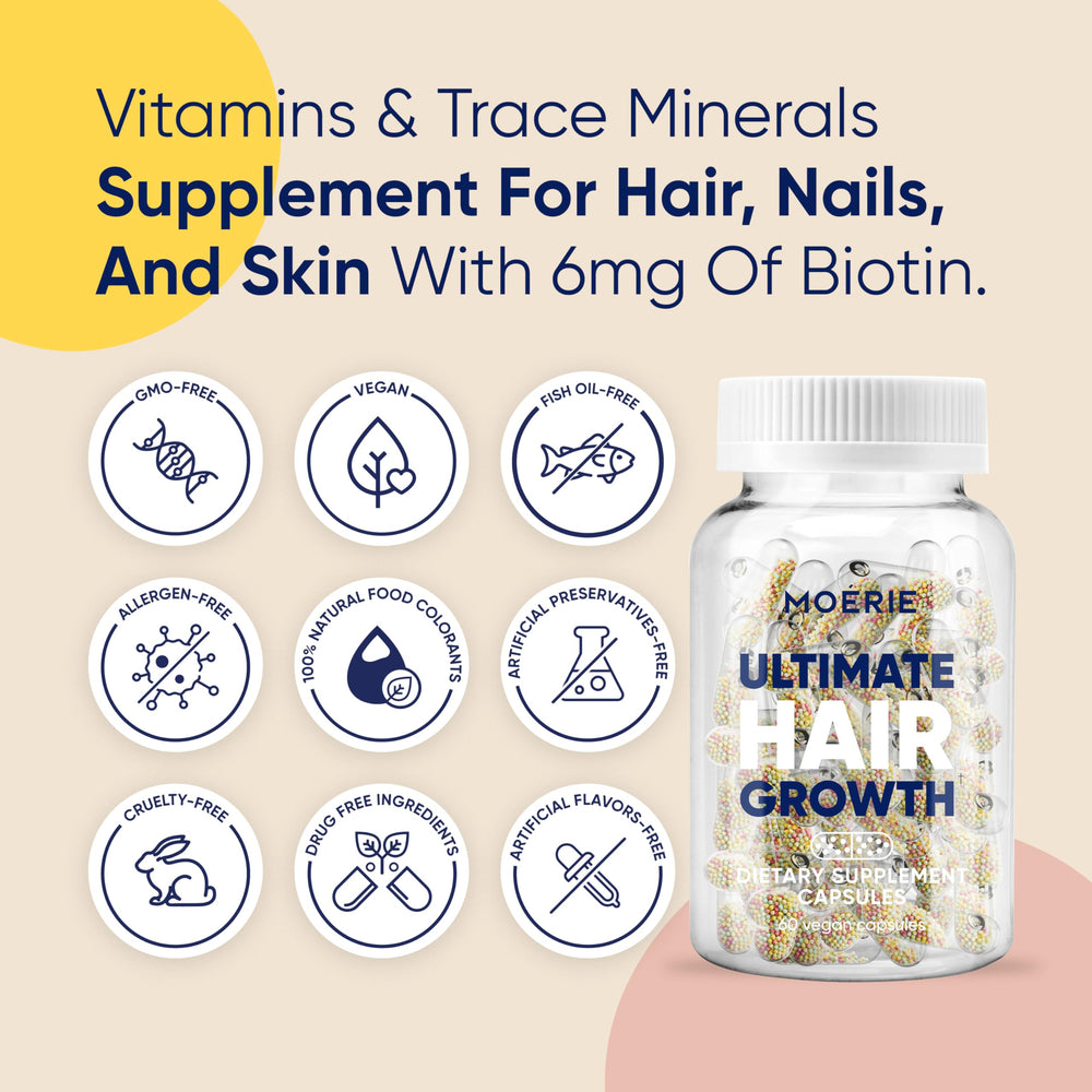 Moerie hair growth supplement capsules closeup highlighting beadlet technology for better absorption.