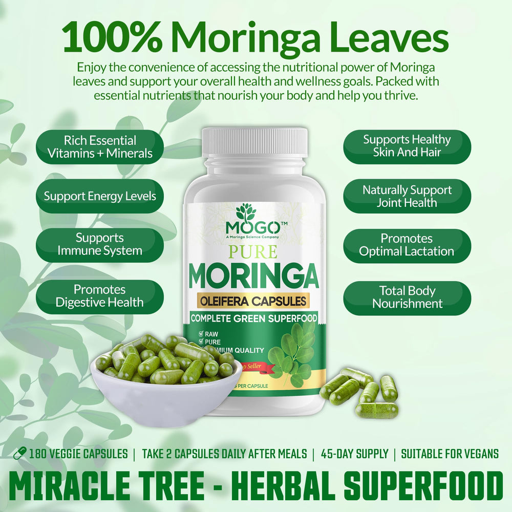 MOGO Moringa capsules close-up shows green capsules for daily wellness