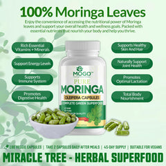 MOGO Moringa capsules close-up shows green capsules for daily wellness