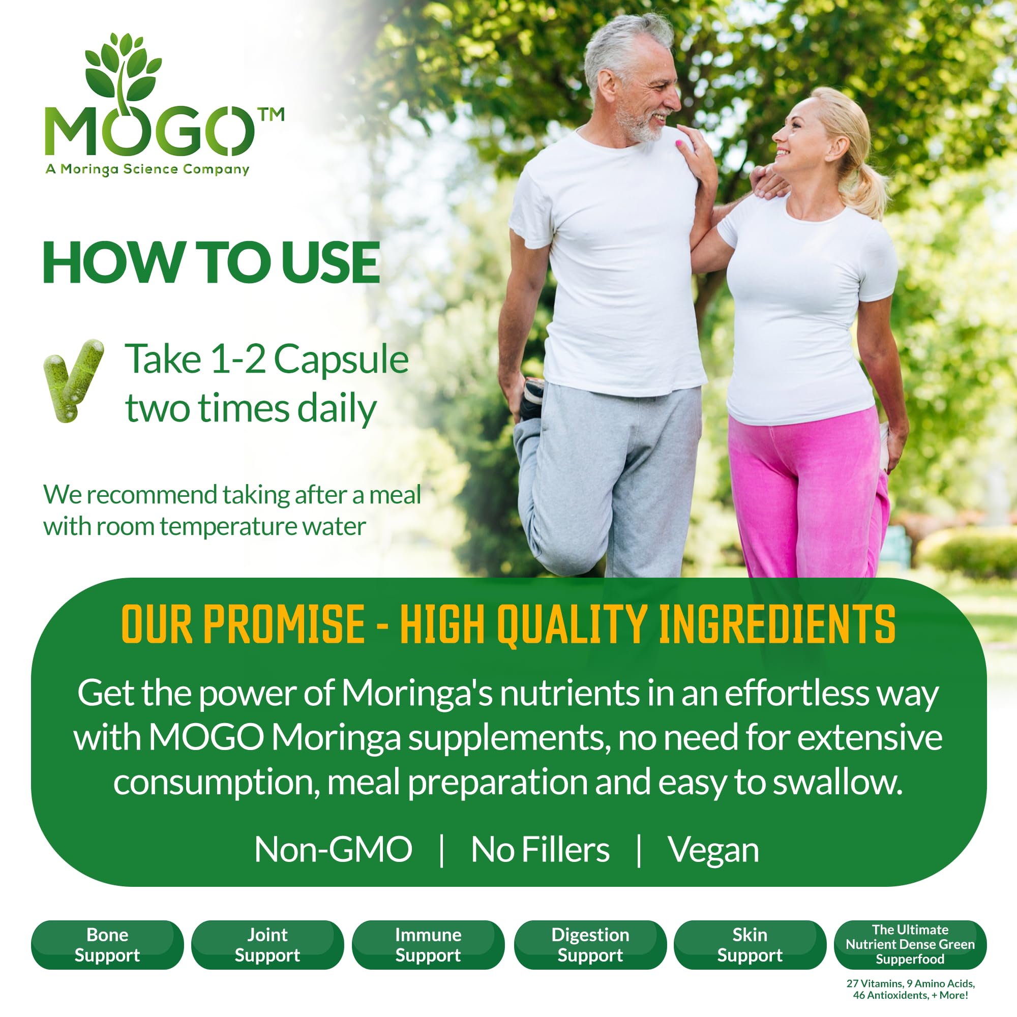MOGO Moringa ingredients panel emphasizing organic greens