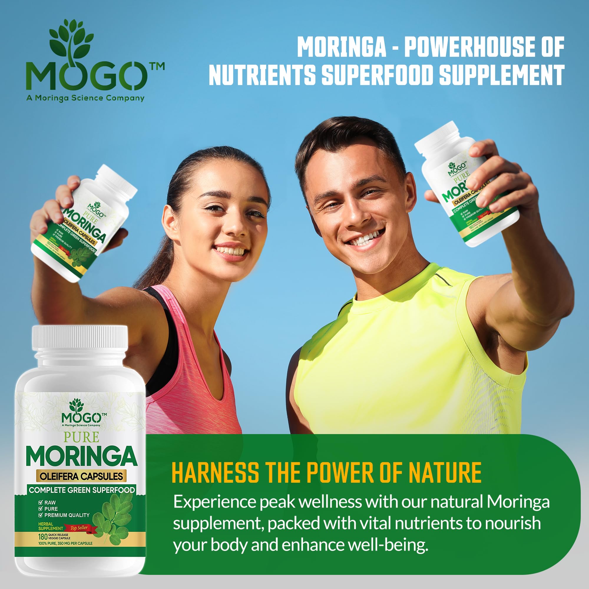 MOGO Moringa third-party testing badge indicating purity