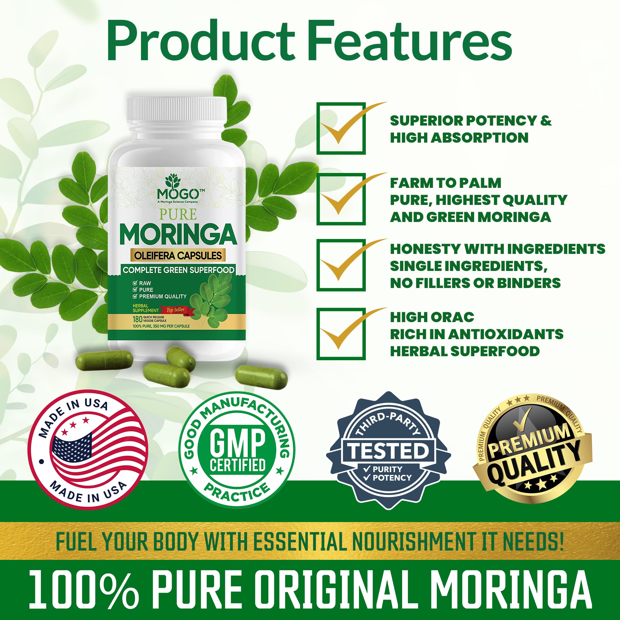 MOGO Moringa USA-made manufacturing seal on bottle